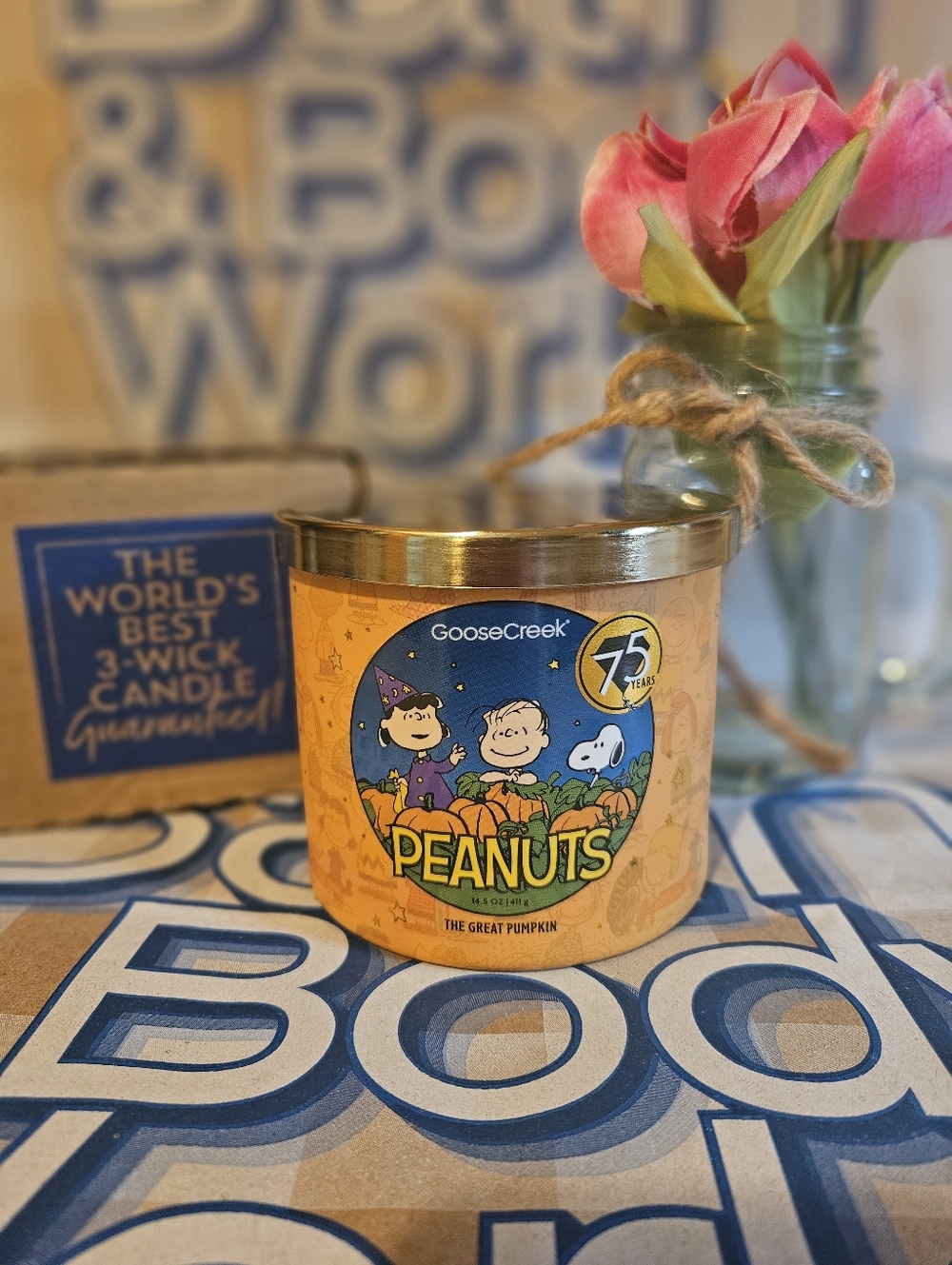 NWT Goose Creek Peanuts The Great Pumpkin 3-wick Candle - Orange and Blue